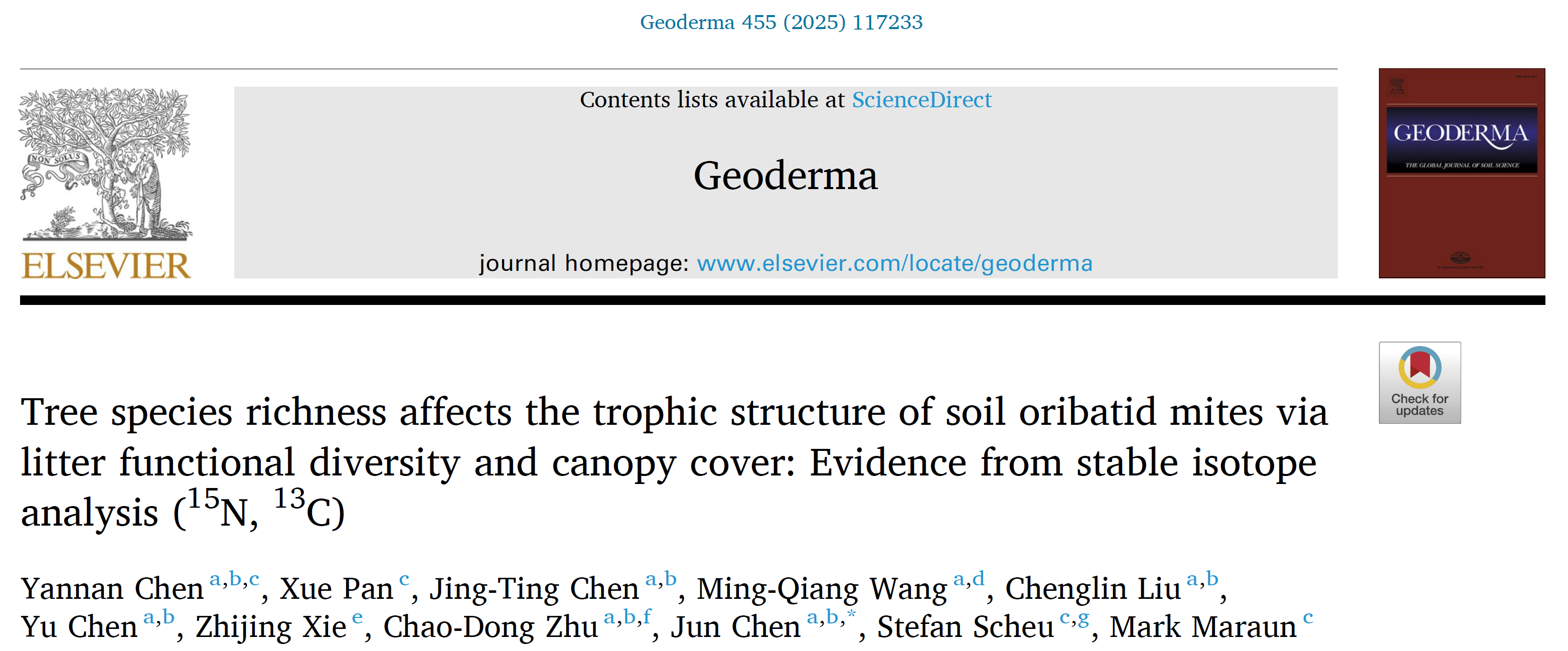 Tree species richness affects the trophic structure of soil oribatid mites via litter functional diversity and canopy cover: Evidence from stable isotope analysis (15N, 13C)
