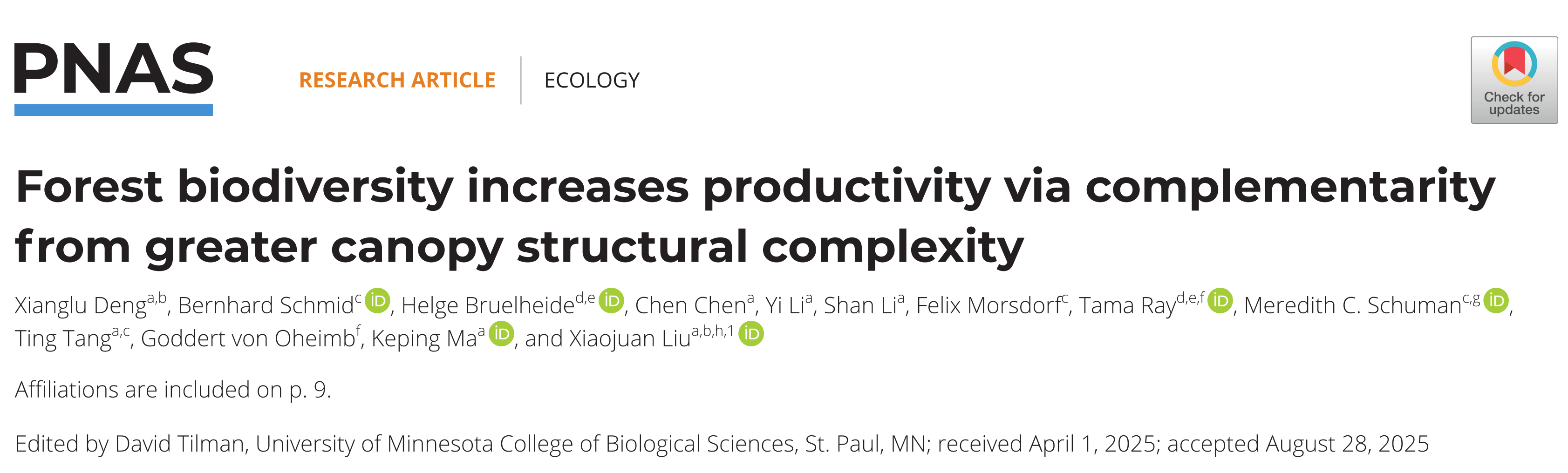Forest biodiversity increases productivity via complementarity from greater canopy structural complexity