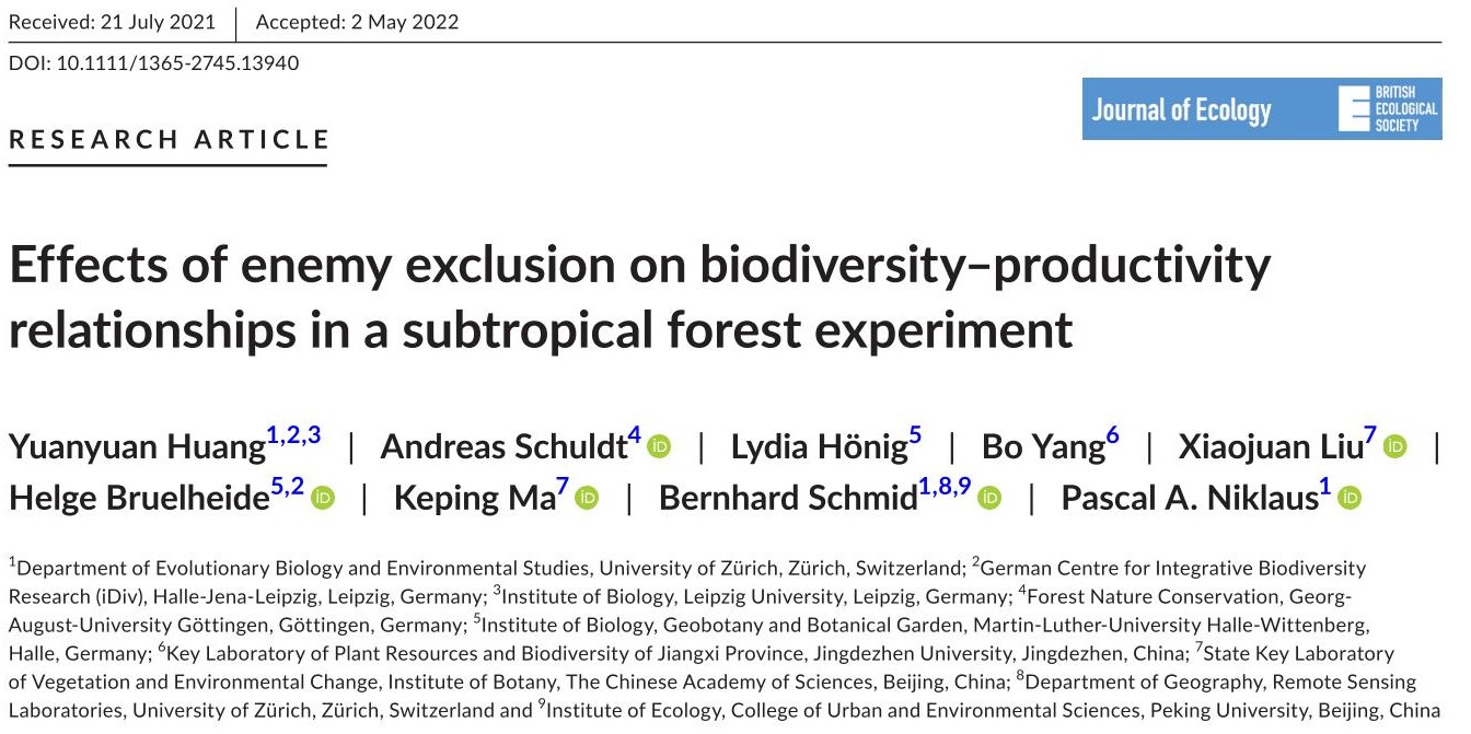 Effects of enemy exclusion on biodiversity–productivity relationships in a subtropical forest experiment