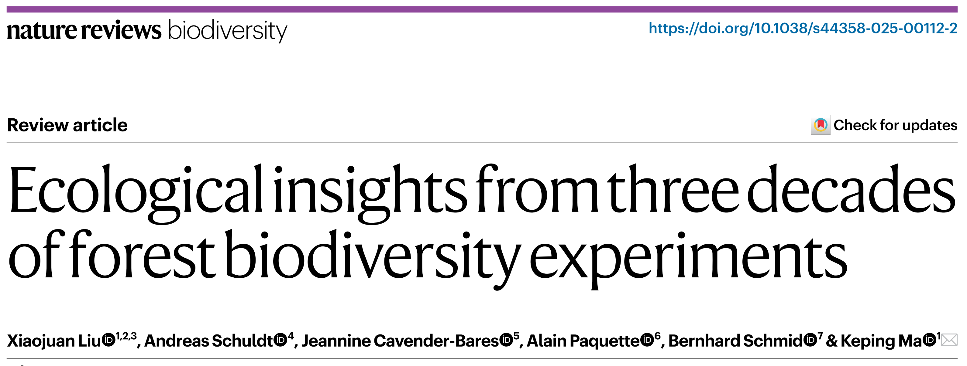 Ecological insights from three decades of forest biodiversity experiments