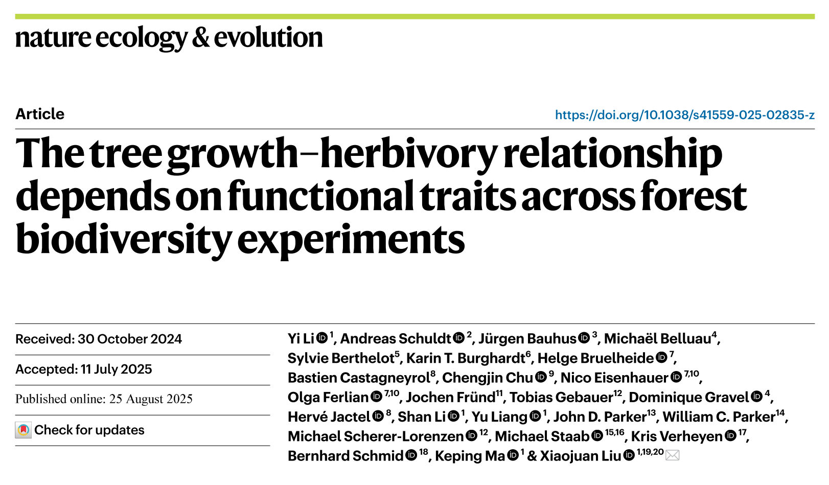 The tree growth-herbivory relationship depends on functional traits across forest biodiversity experiments