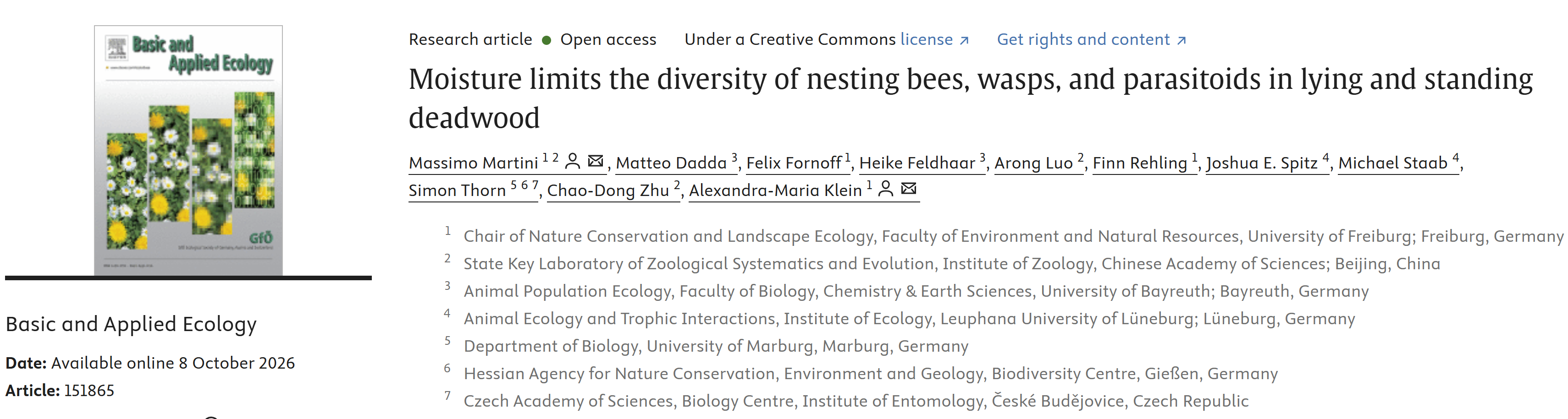 Moisture limits the diversity of nesting bees, wasps, and parasitoids in lying and standing deadwood