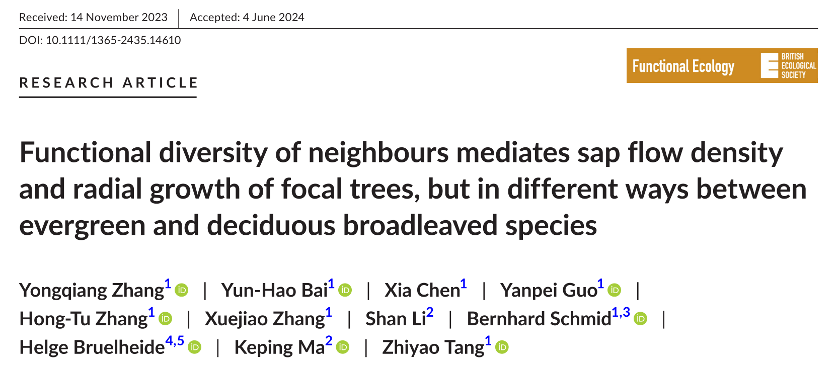 Functional diversity of neighbours mediates sap flow density and radial growth of focal trees, but in different ways between evergreen and deciduous broadleaved species