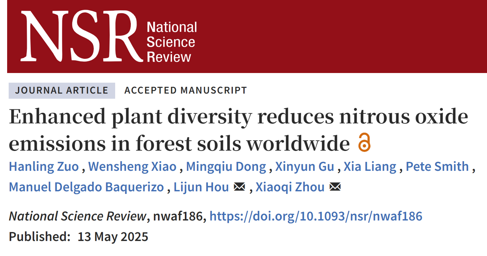 Enhanced plant diversity reduces nitrous oxide emissions in forest soils worldwide